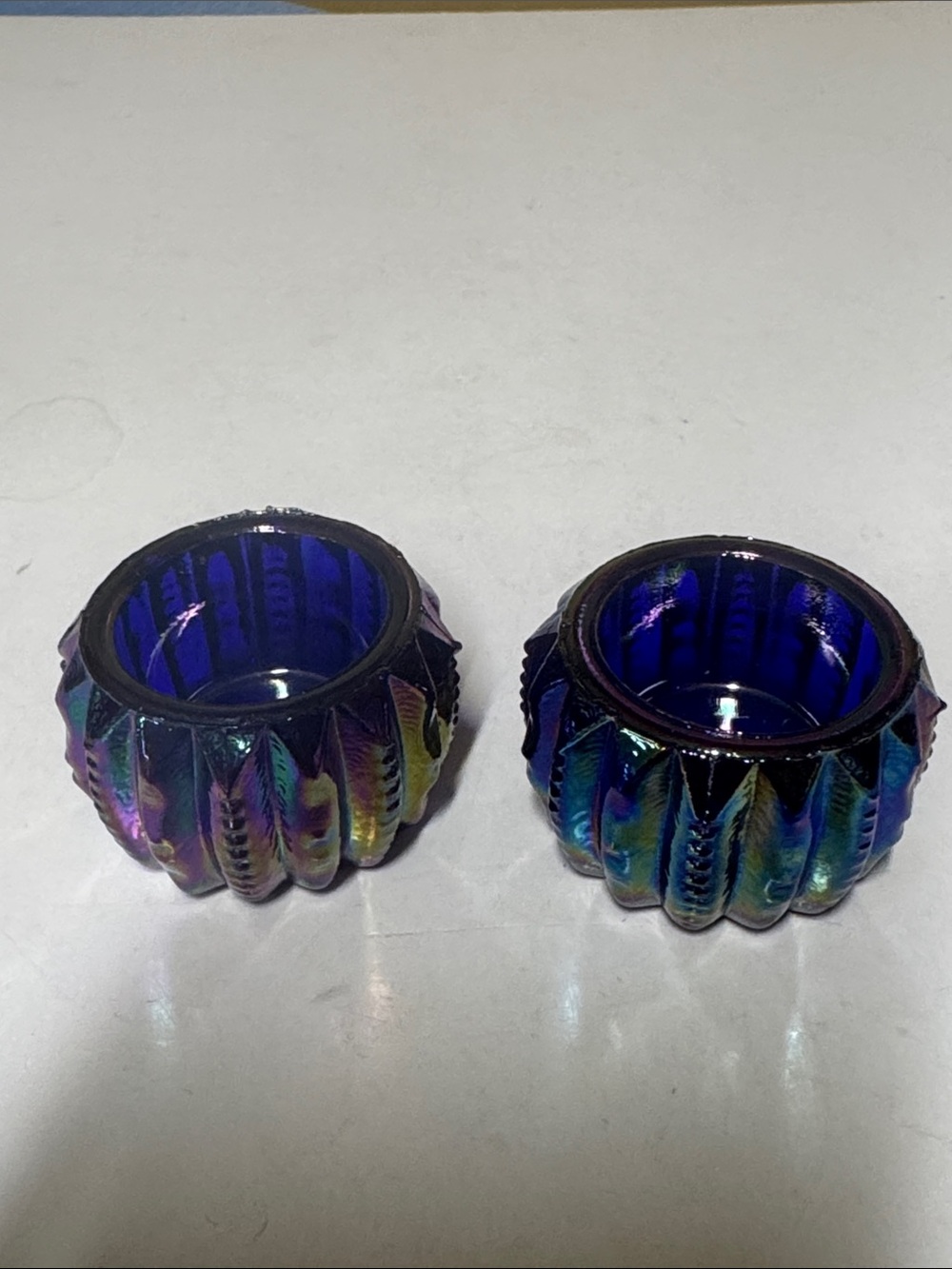 Salt dips cellars cobalt blue iridescent carnival glass set of 2